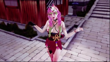 Playful Mitsuri Kanroji dancing and posing in skimpy dress without panties